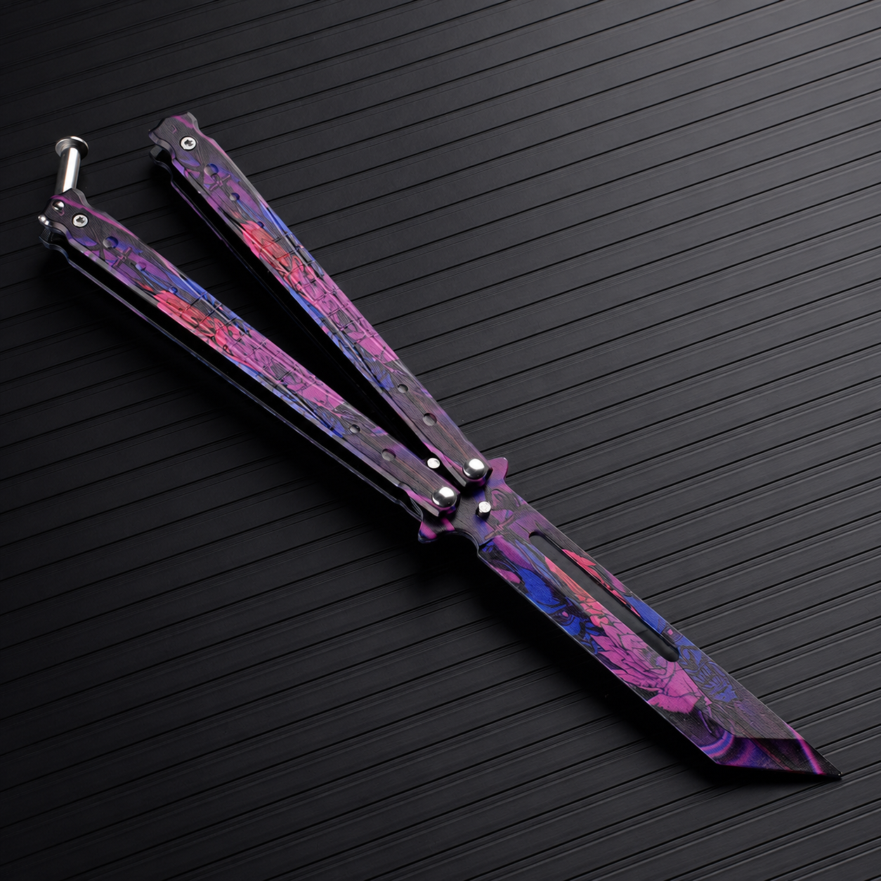 Purple Floral Cyber Balisong Style Collectible, Black Pink Butterfly Design, Futuristic Metal Display Piece