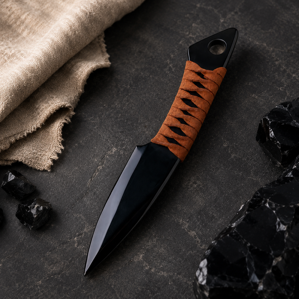 Natural Black Obsidian Dagger Carving, Cord-Wrapped Crystal Display Ornament, Gothic Altar Decor and Unique Collector Gift