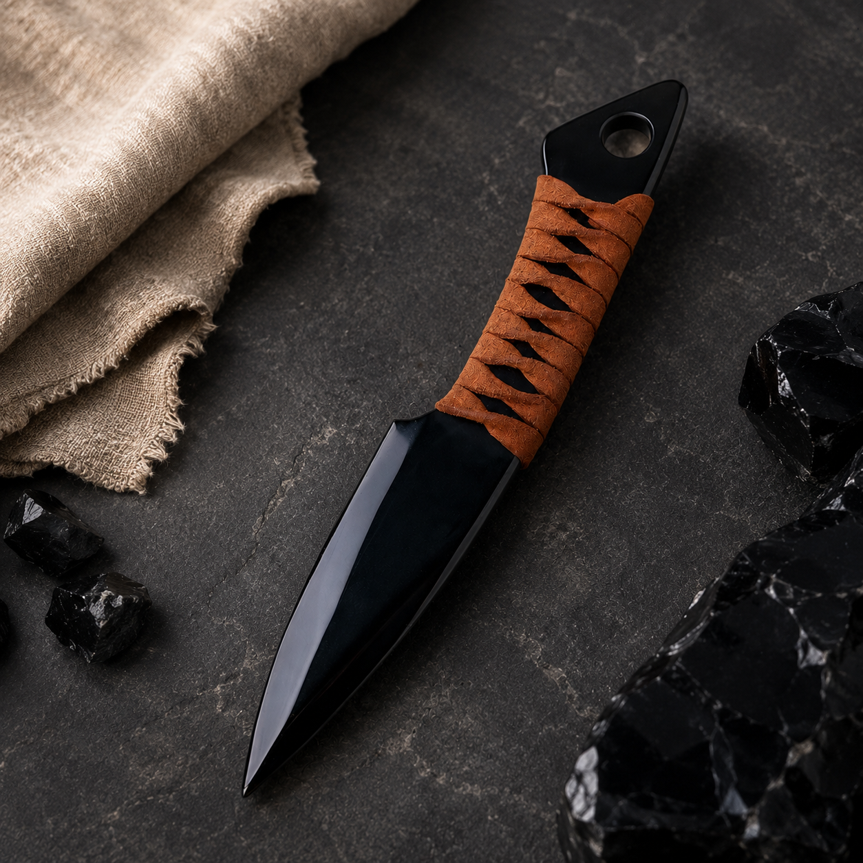 Natural Black Obsidian Dagger Carving, Cord-Wrapped Crystal Display Ornament, Gothic Altar Decor and Unique Collector Gift