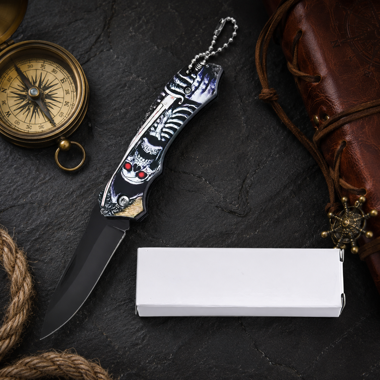 Gothic Skeleton Graphic Folding Pocket Knife with Black Blade & Keychain – Dark Fantasy Collector Gift