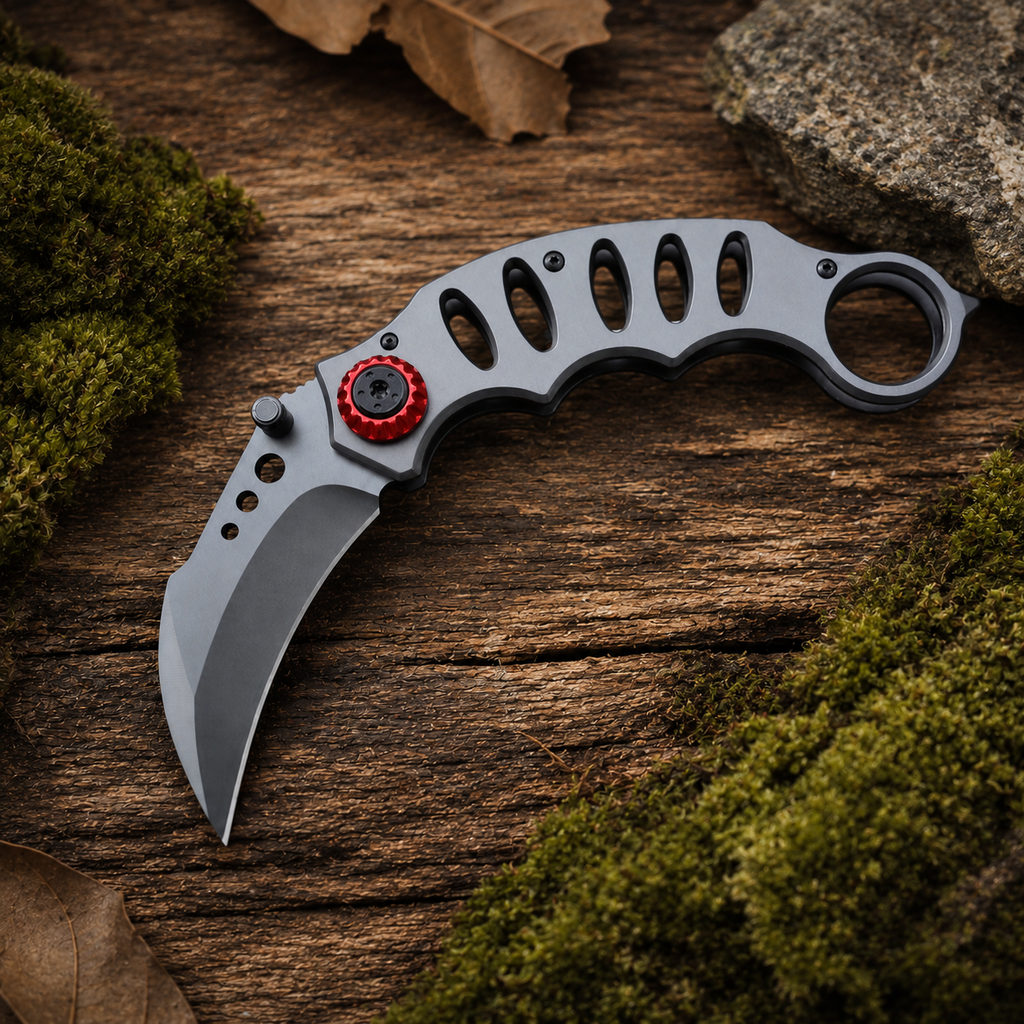 Gray Skeletonized Karambit-Style Folding Pocket Knife with Red Pivot Accent, Curved Blade and Finger Ring – Collector Gift