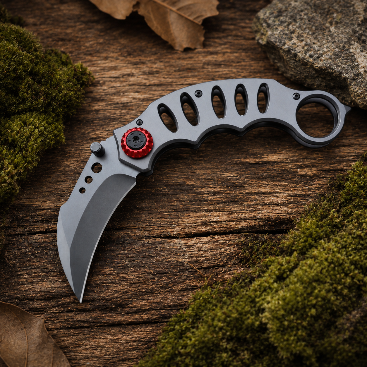 Gray Skeletonized Karambit-Style Folding Pocket Knife with Red Pivot Accent, Curved Blade and Finger Ring – Collector Gift