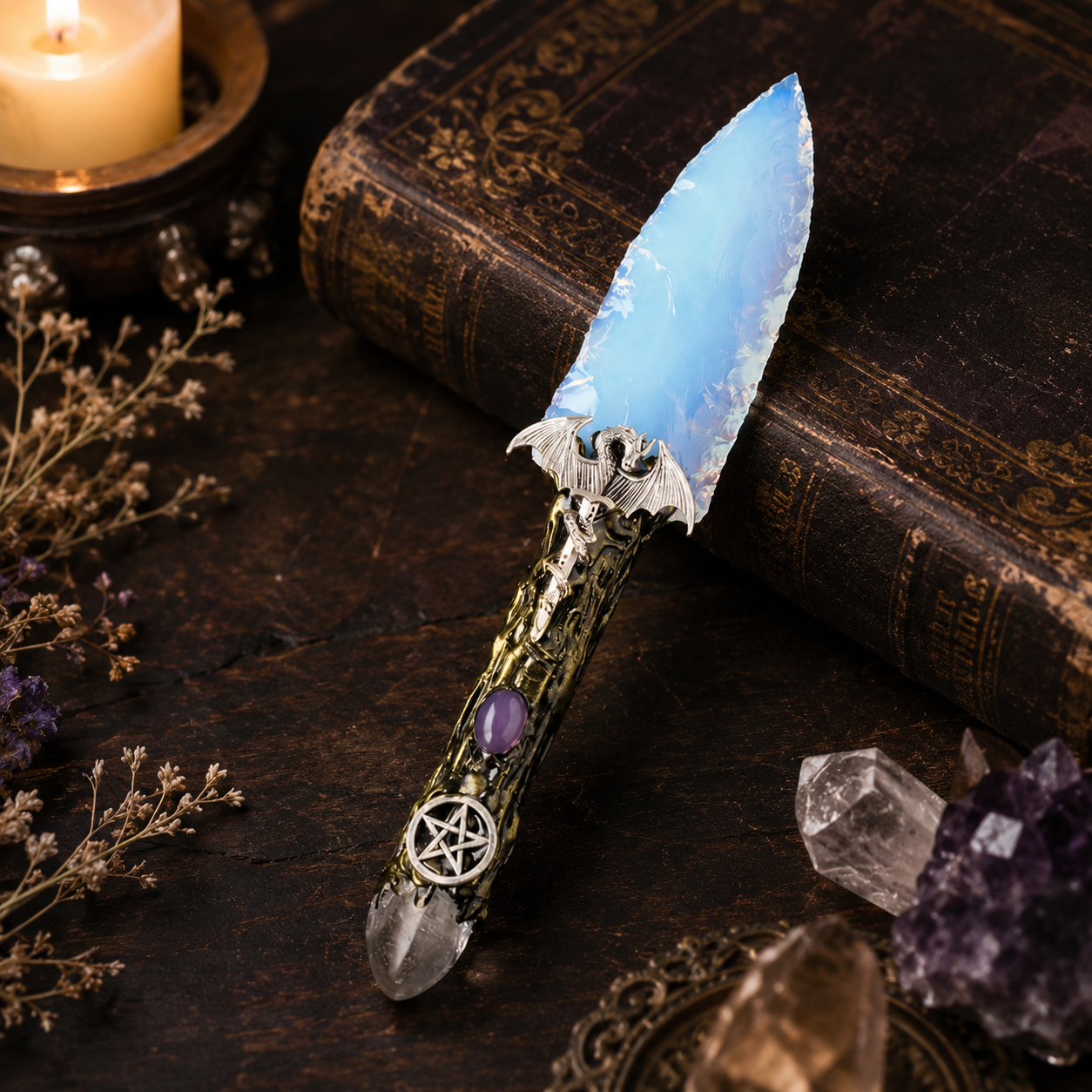 White Opalite Dragon Fantasy Dagger, Ornate Crystal Blade with Pentagram Handle, Gothic Altar Decor and Mystical Collector Gift