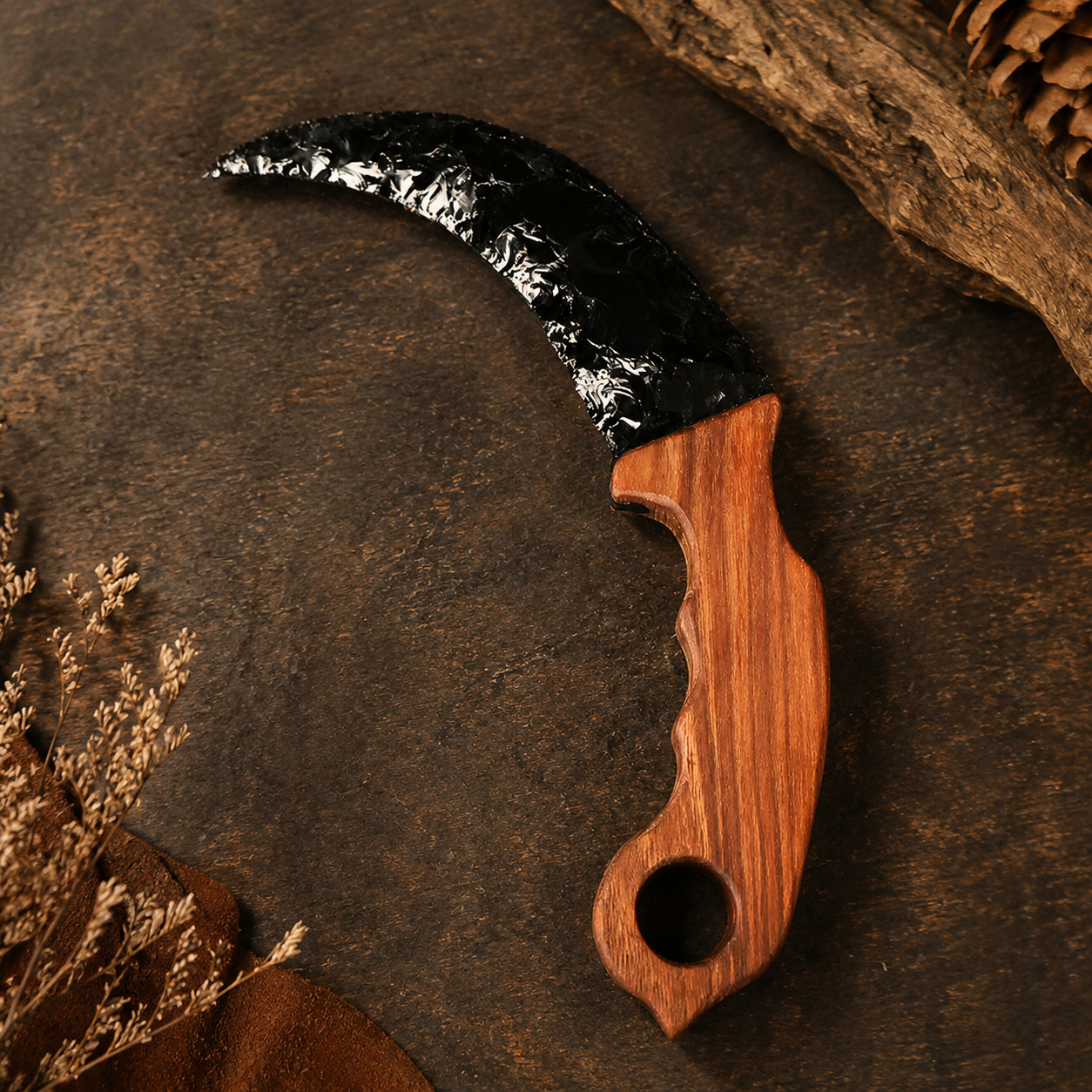 Black Obsidian Crescent Dagger with Wooden Handle, Moon-Shaped Crystal Display Ornament, Gothic Altar Decor and Collector Gift