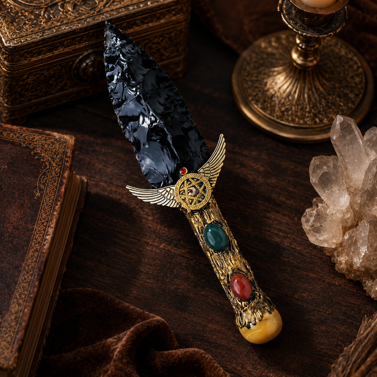 Black Obsidian Winged Pentagram Fantasy Dagger, Ornate Crystal Handle, Gothic Altar Decor and Mystical Collector Display Gift