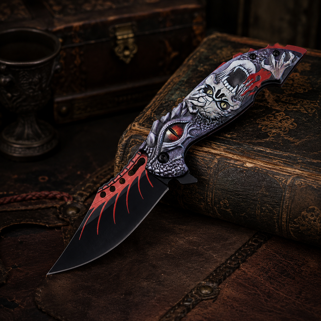 Gothic Monster Graphic Folding Pocket Knife with Black and Red Blade – Dark Fantasy Collector Gift