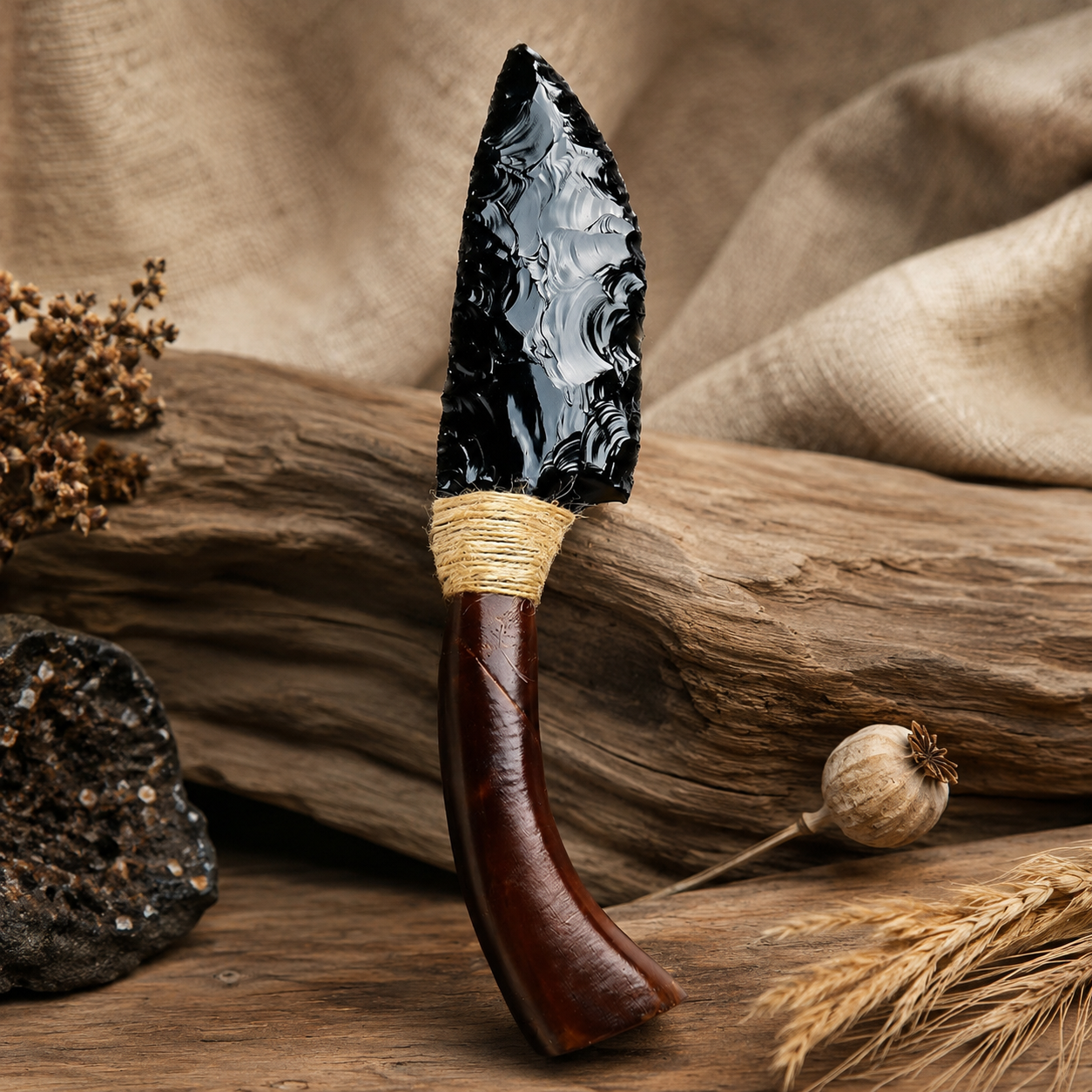 Natural Black Obsidian Dragon Glass Curved Blade Carving, Horn Handle Crystal Display Ornament, Rustic Gothic Collector Gift