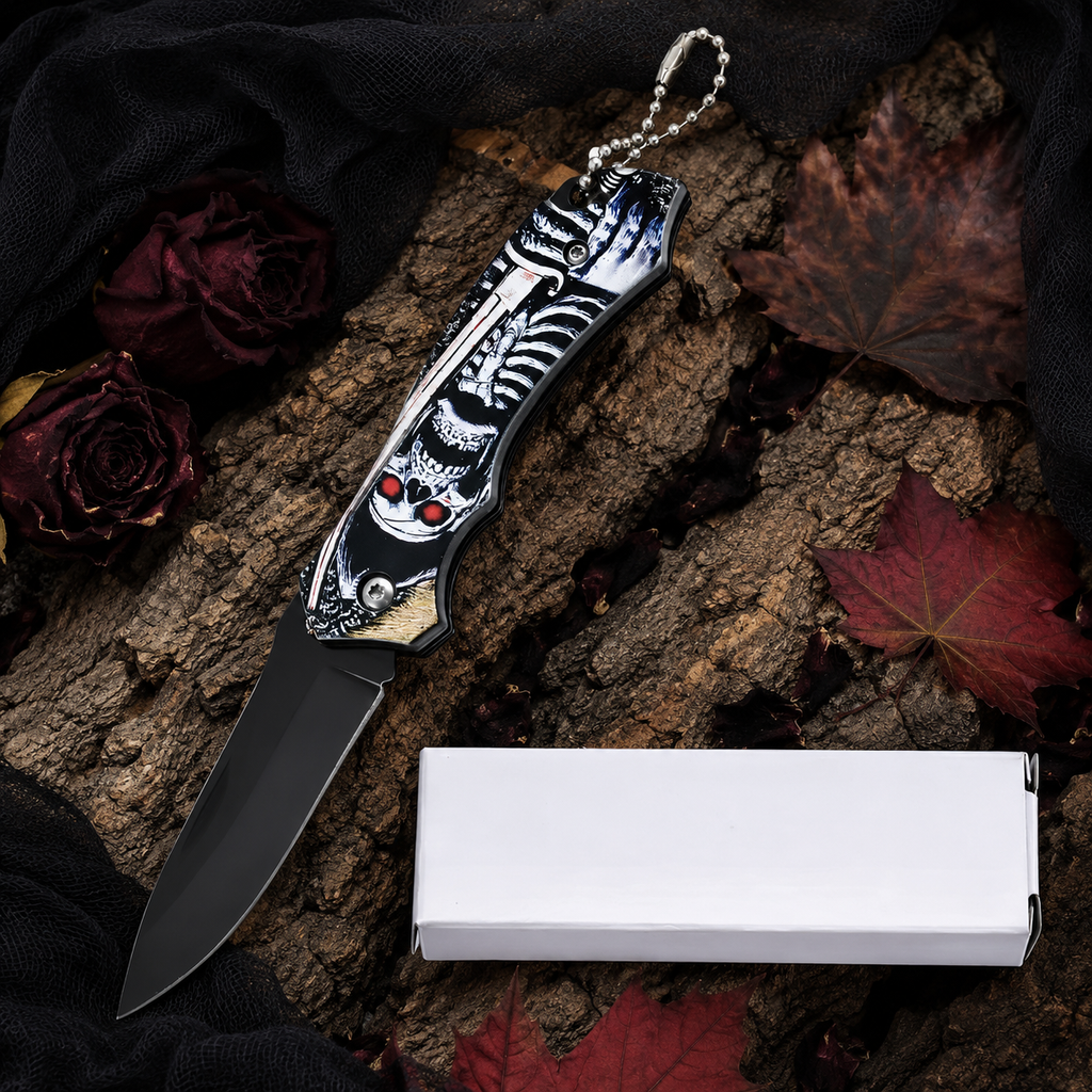 Gothic Skeleton Graphic Folding Pocket Knife with Black Blade & Keychain – Dark Fantasy Collector Gift