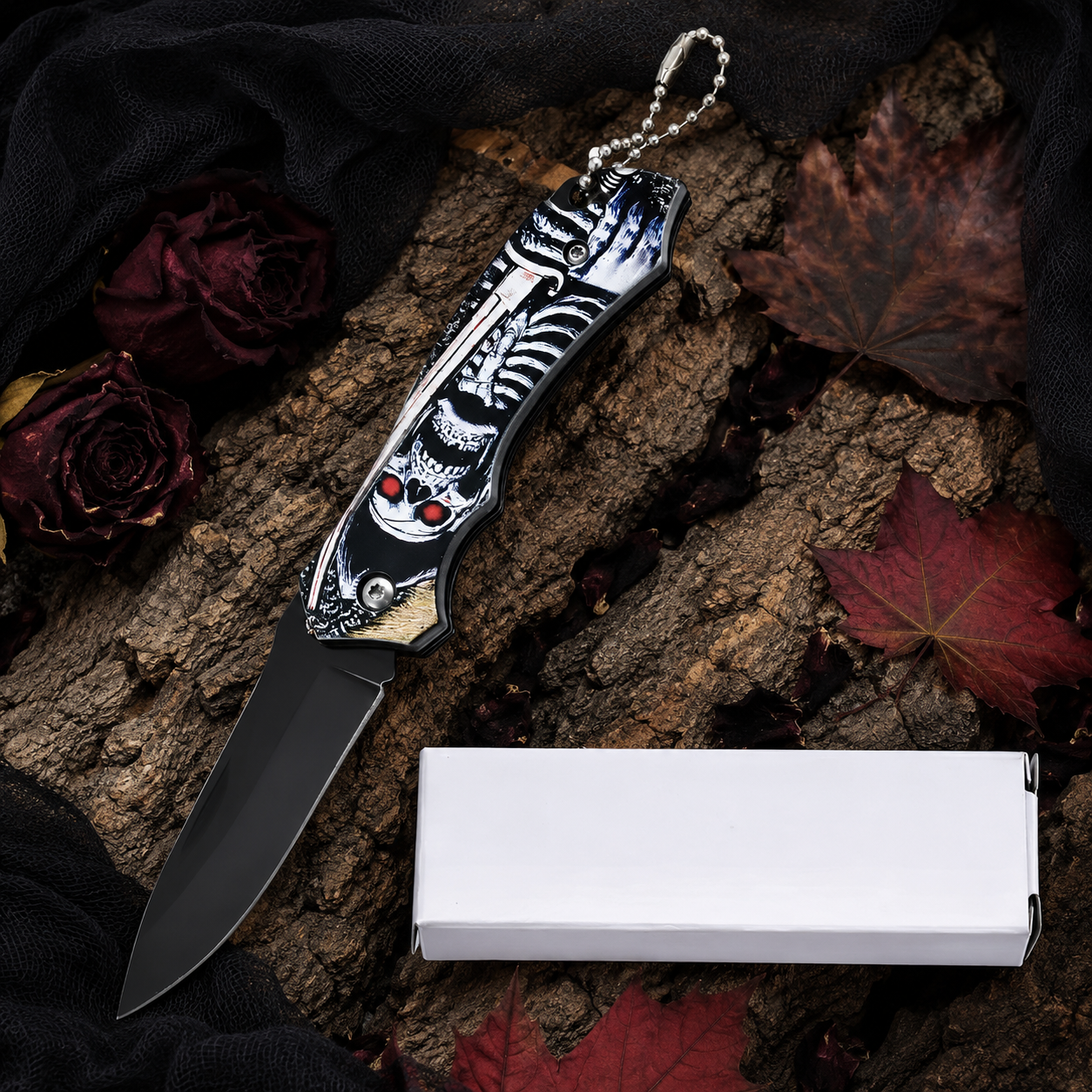 Gothic Skeleton Graphic Folding Pocket Knife with Black Blade & Keychain – Dark Fantasy Collector Gift
