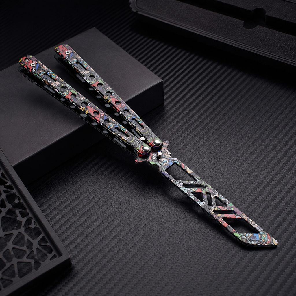 Colorful Graffiti Balisong Style Collectible, Butterfly Folding Display Piece, Cutout Metal Design with Street Art Pattern