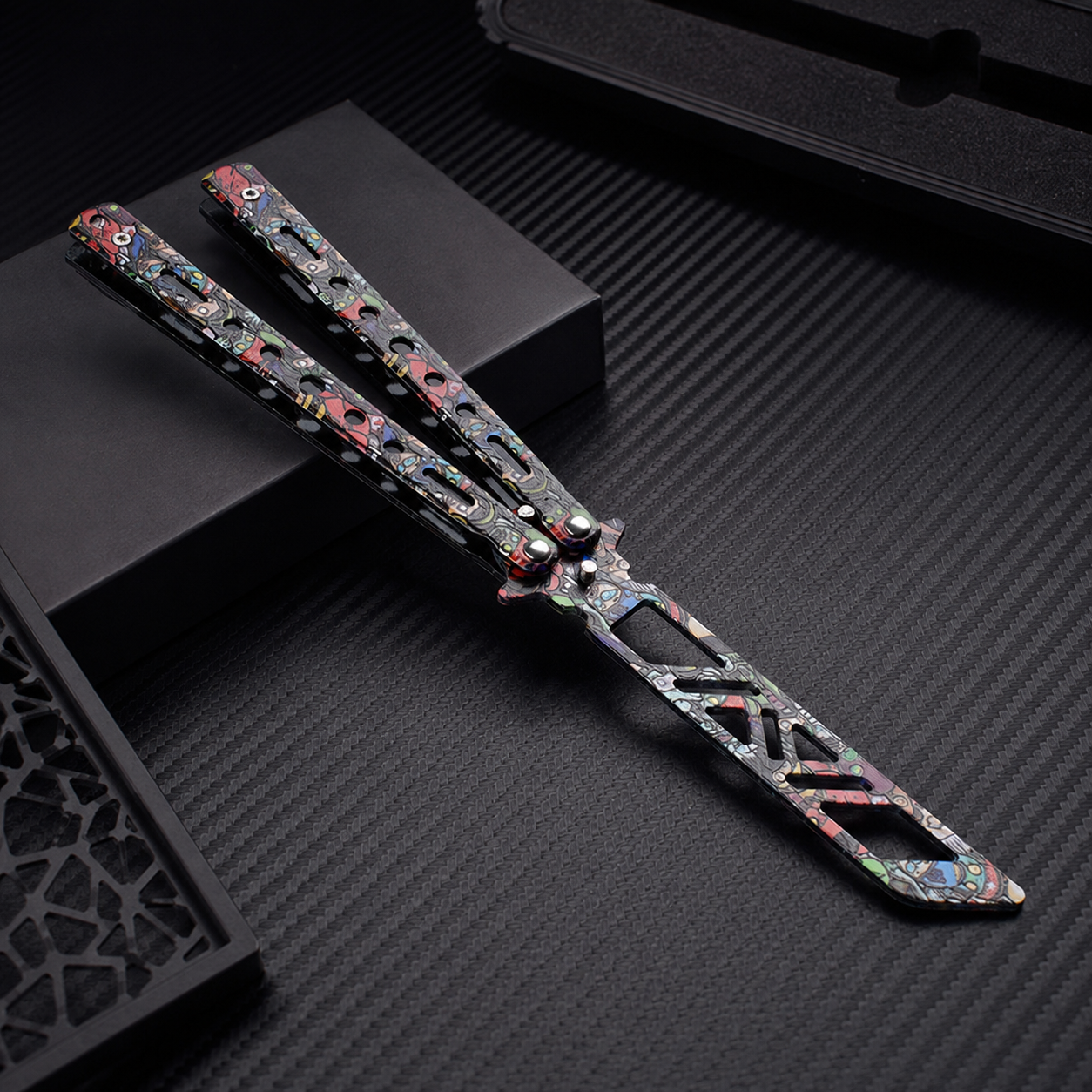 Colorful Graffiti Balisong Style Collectible, Butterfly Folding Display Piece, Cutout Metal Design with Street Art Pattern