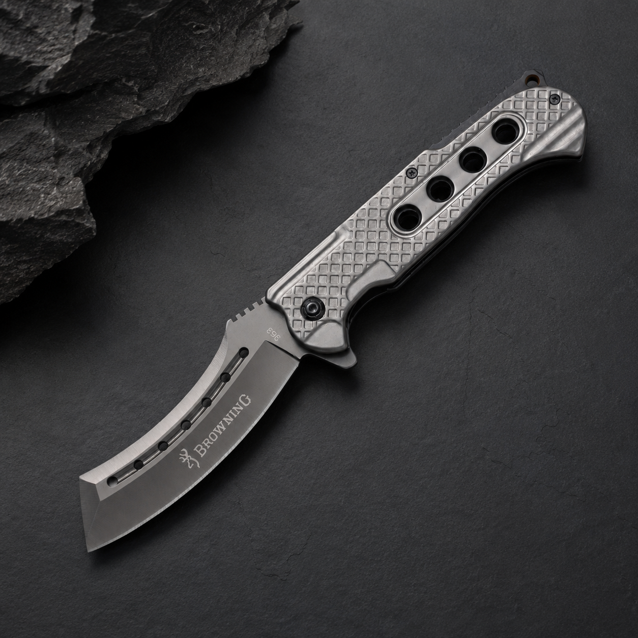 Silver Cleaver-Style Folding Pocket Knife with Textured Metal Handle and Ventilated Blade – Outdoor Collector Gift