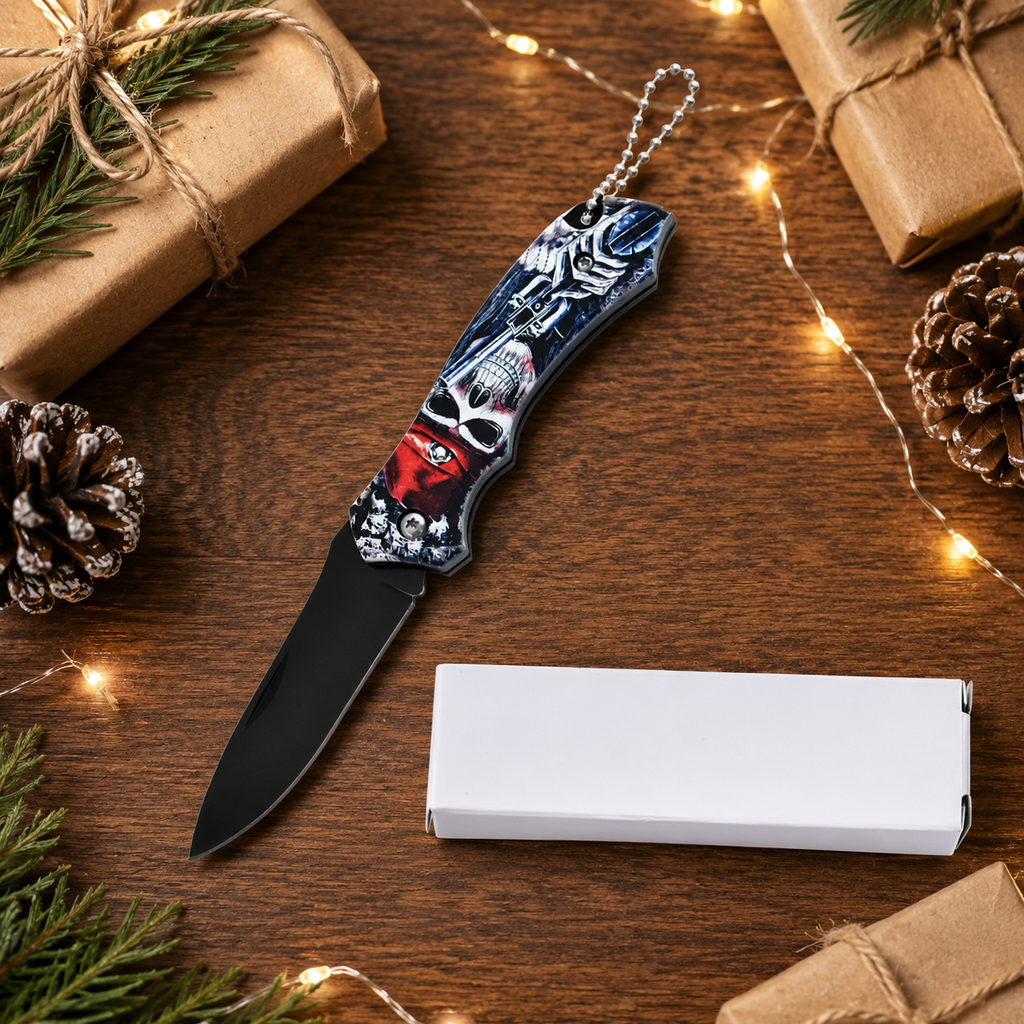 Gothic Skull Graphic Folding Pocket Knife with Black Blade & Keychain – Dark Fantasy Collector Gift