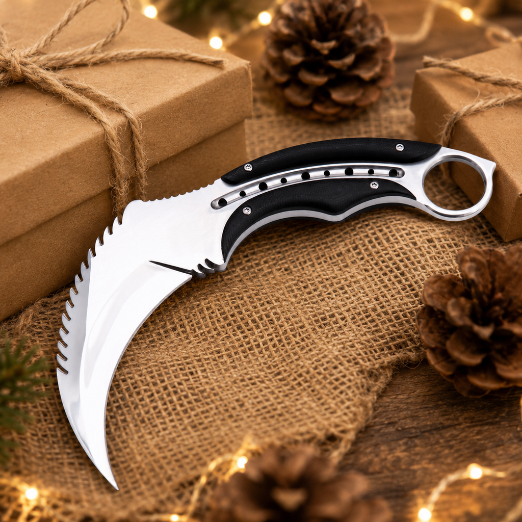 Silver Karambit-Style Fixed Blade Knife with Black Textured Handle & Finger Ring – Collector Display Gift