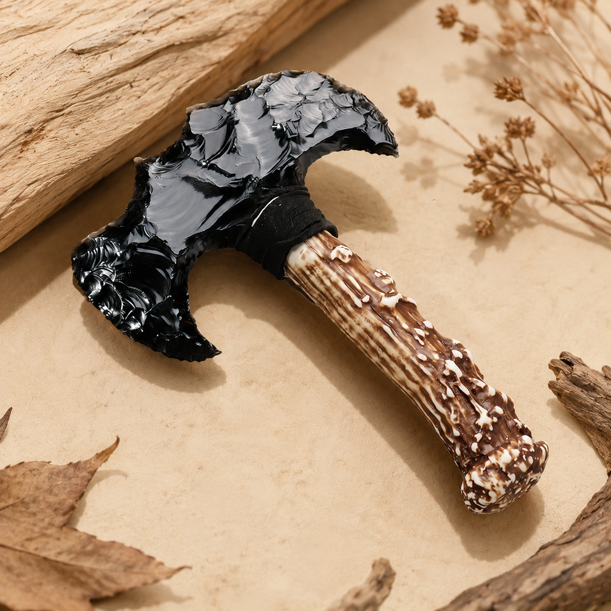 Black Obsidian Double Crescent Axe, Antler-Style Handle Crystal Display Ornament, Rustic Gothic Altar Decor and Collector Gift