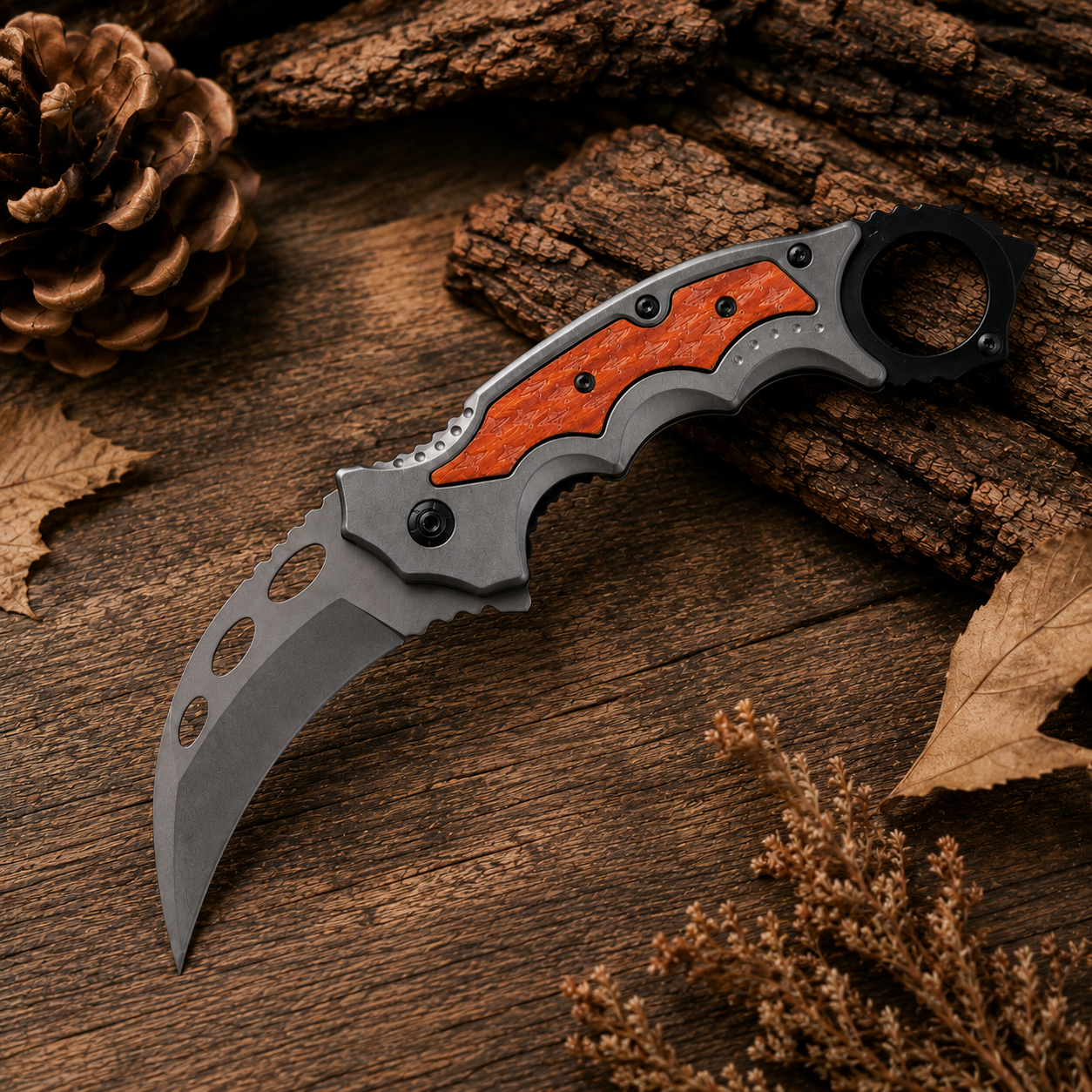 Orange Inlay Karambit-Style Folding Pocket Knife with Finger Ring & Gray Curved Blade – Outdoor Collector Gift