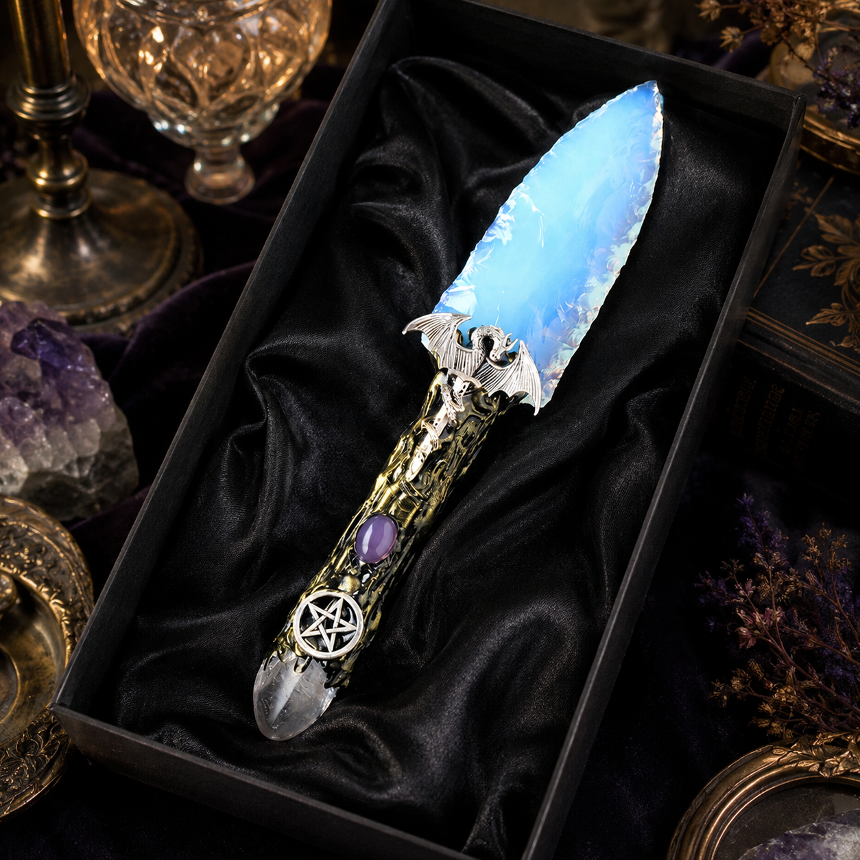 White Opalite Dragon Fantasy Dagger, Ornate Crystal Blade with Pentagram Handle, Gothic Altar Decor and Mystical Collector Gift