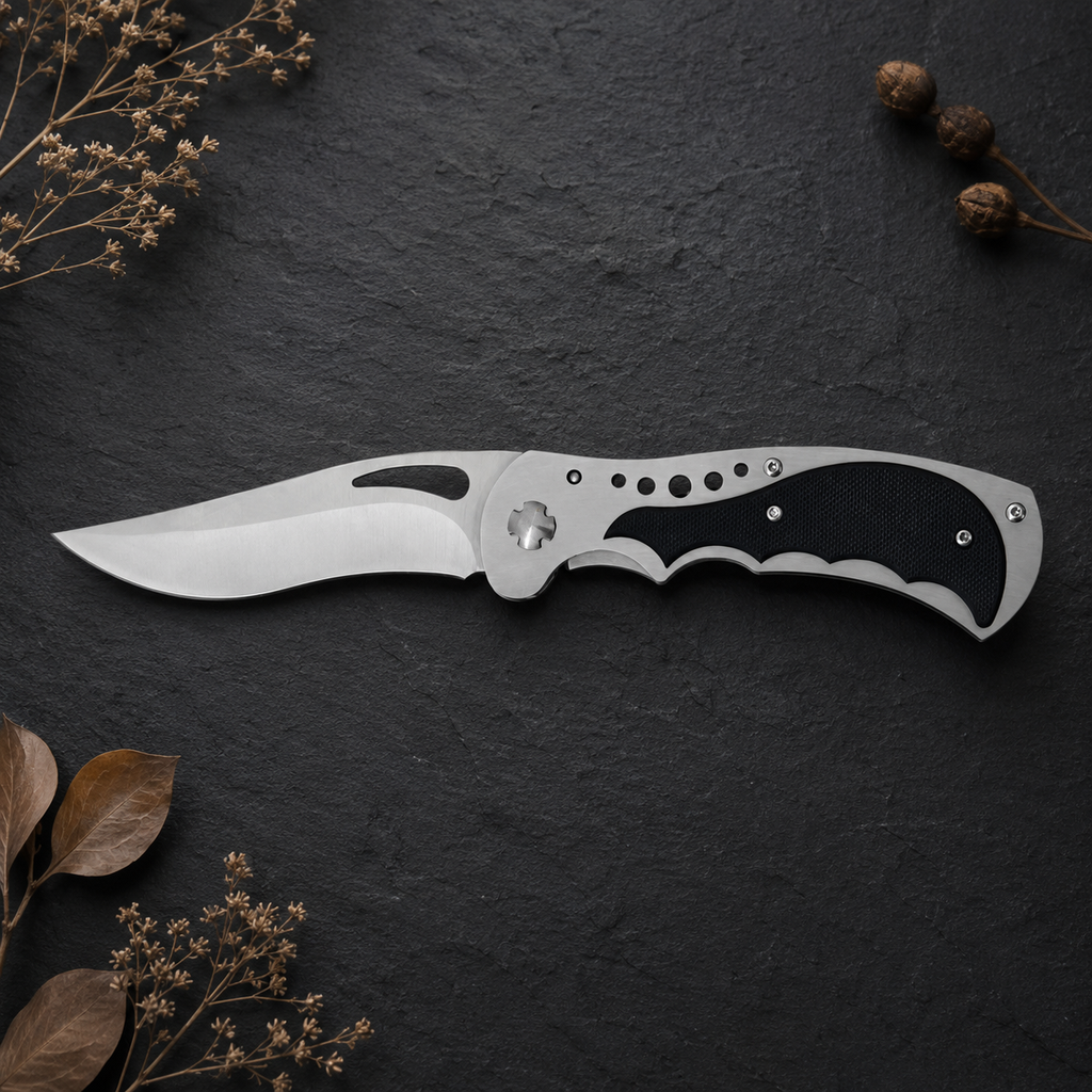 Silver Folding Pocket Knife with Black Textured Handle, Wide Curved Blade and Ergonomic Finger Grooves – Outdoor Collector Gift