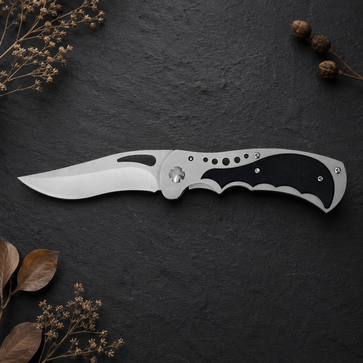Silver Folding Pocket Knife with Black Textured Handle, Wide Curved Blade and Ergonomic Finger Grooves – Outdoor Collector Gift
