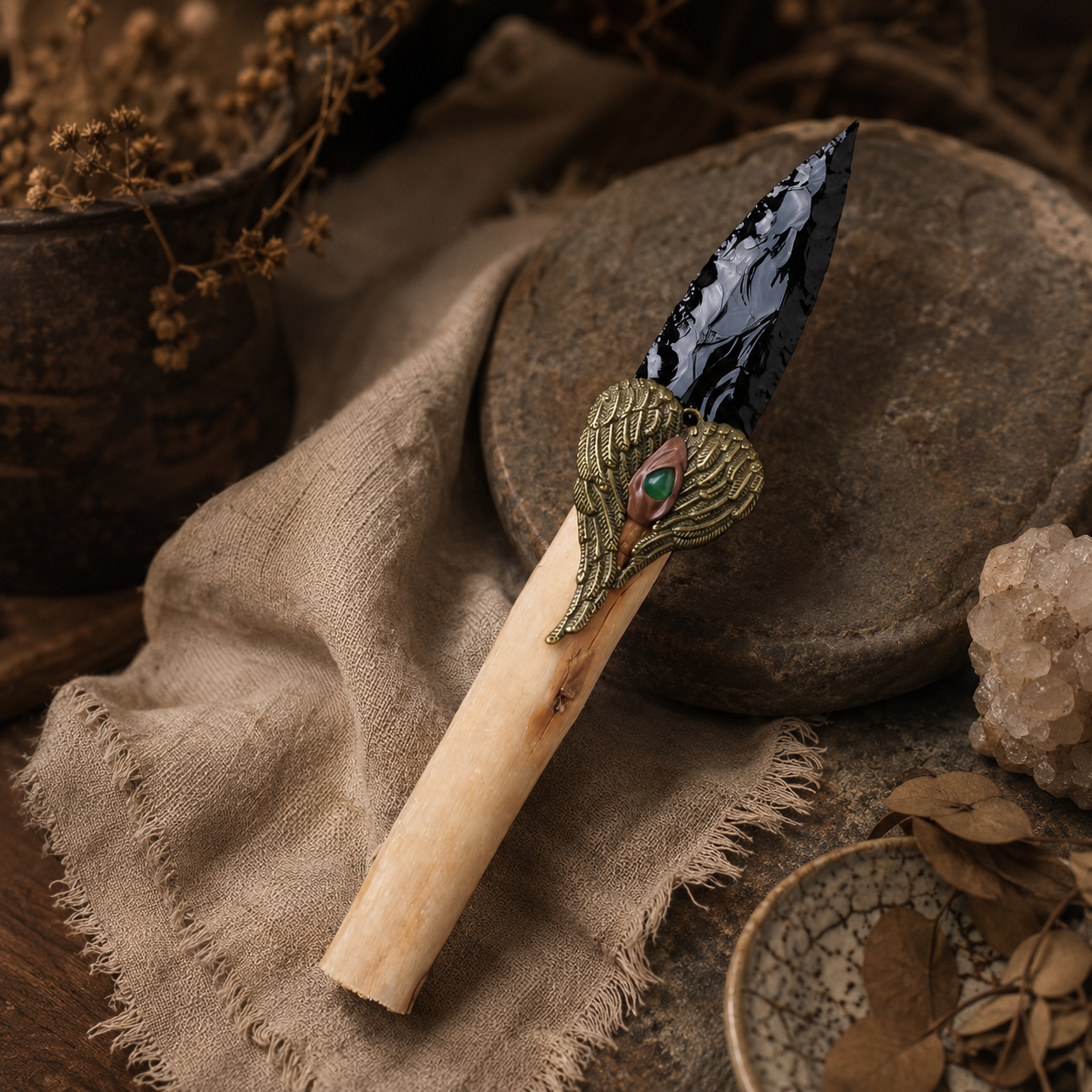 Large Black Obsidian Arrowhead Carving with Wooden Handle, Antique Alloy Wing Ornament, Rustic Crystal Display and Collector Gift