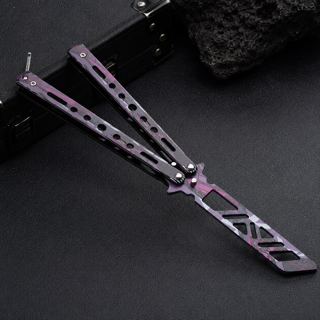 Purple Camo Balisong Trainer, Butterfly Practice Tool with Skeletonized Design, Metal Flipping Trainer and Collectible Display Piece