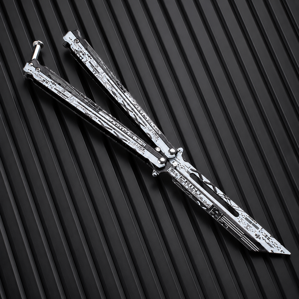 Silver Cyber Balisong Style Collectible, Futuristic Metal Butterfly Design, Modern Display Piece with Tech Graphic Pattern