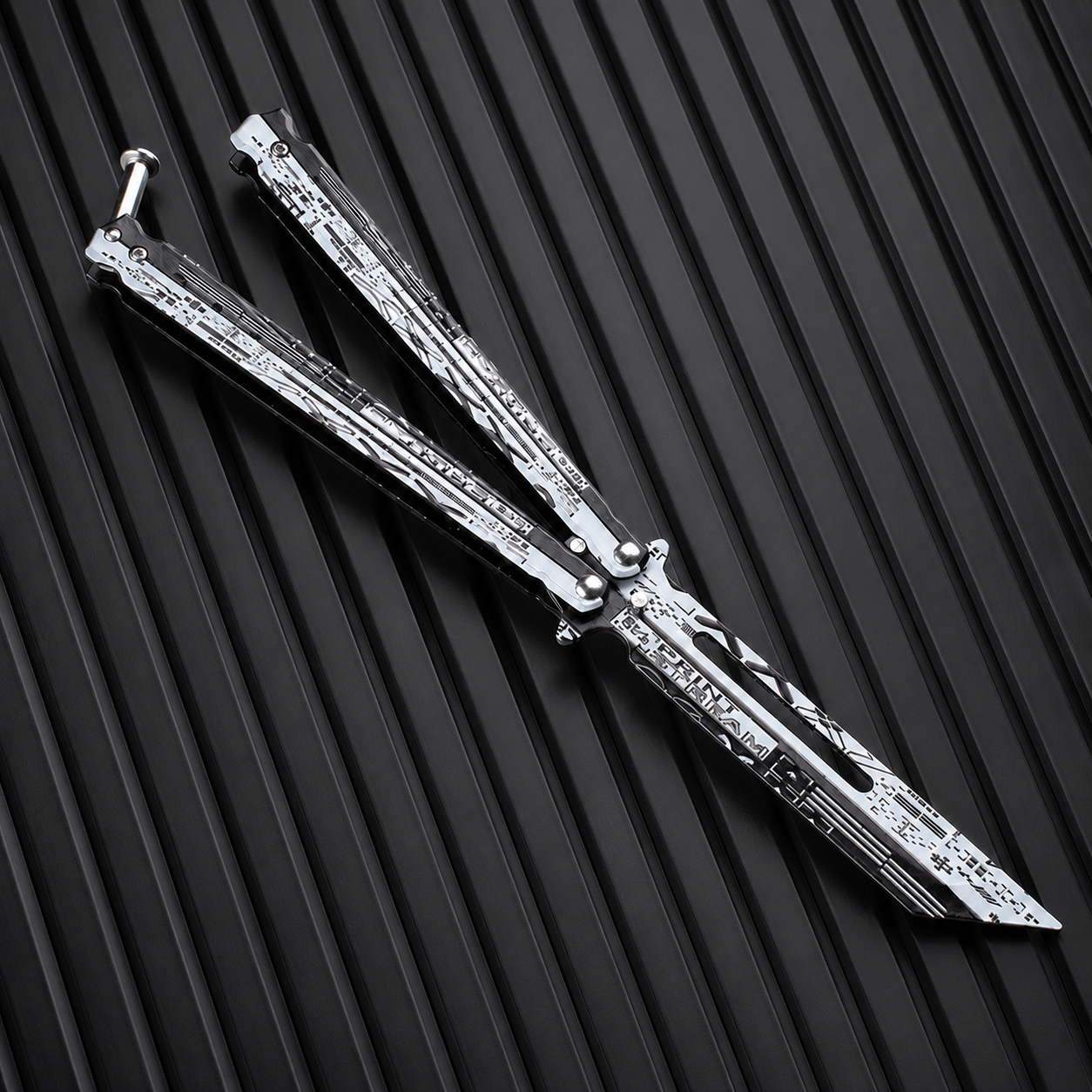 Silver Cyber Balisong Style Collectible, Futuristic Metal Butterfly Design, Modern Display Piece with Tech Graphic Pattern