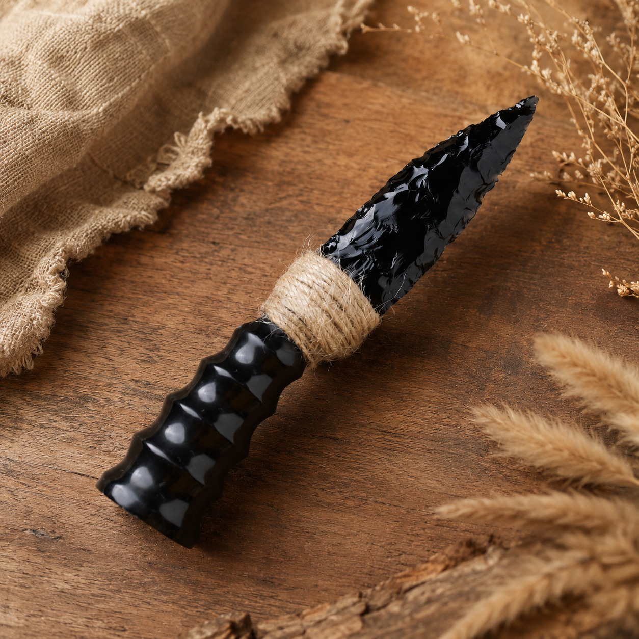 Large Black Obsidian Arrowhead Carving with Natural Horn Handle, Twine-Wrapped Rustic Crystal Display Ornament and Collector Gift