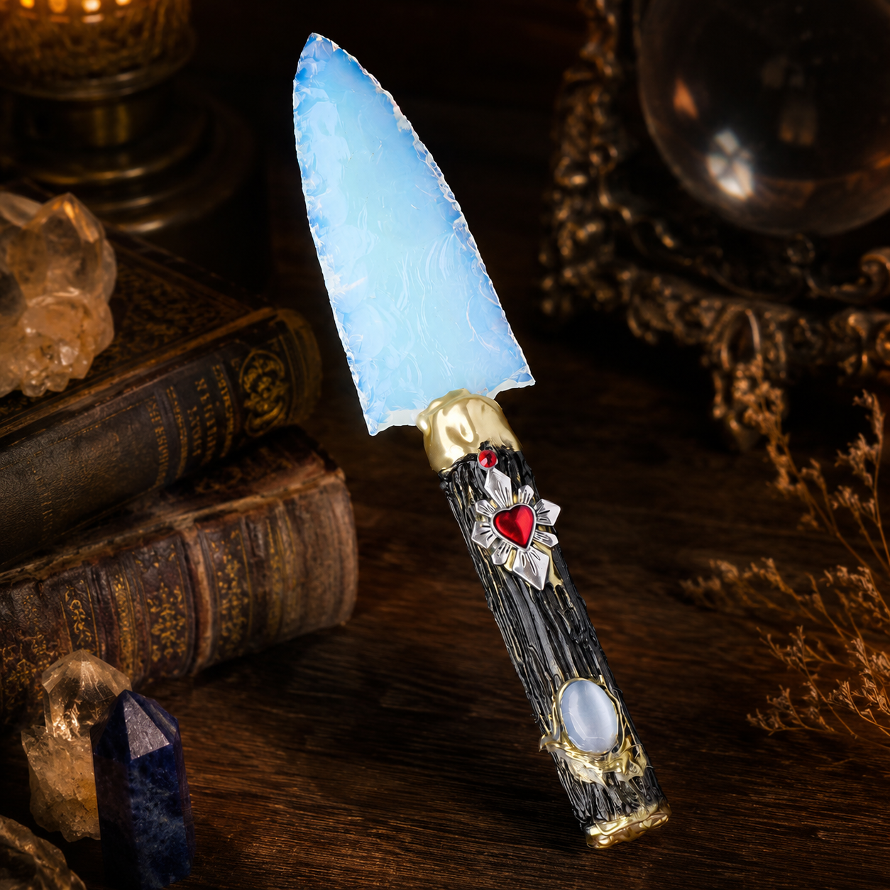White Opalite Fantasy Dagger with Sacred Heart Handle, Iridescent Crystal Display Ornament, Gothic Altar Decor and Collector Gift