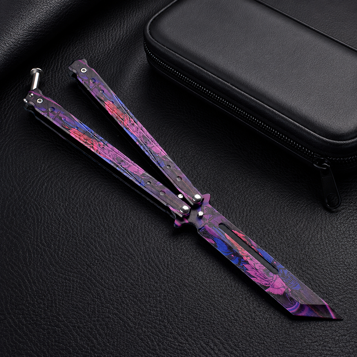 Purple Floral Cyber Balisong Style Collectible, Black Pink Butterfly Design, Futuristic Metal Display Piece