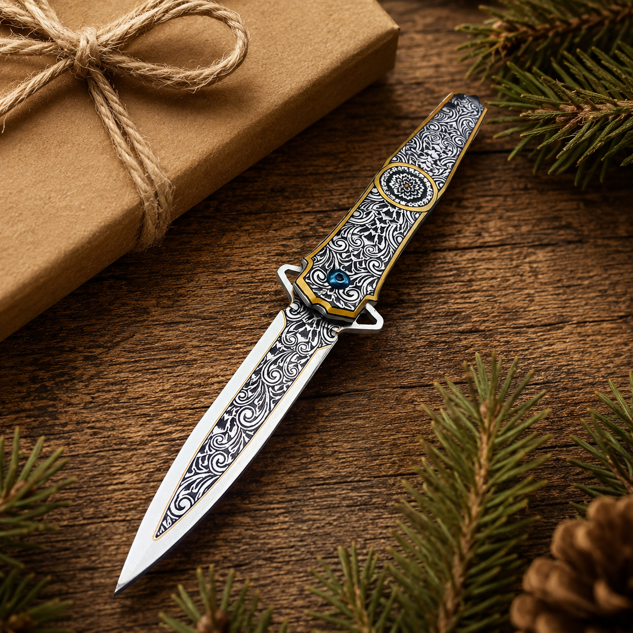 Ornate Black & Gold Engraved Folding Knife with Mandala Design – Decorative Collector Pocket Knife