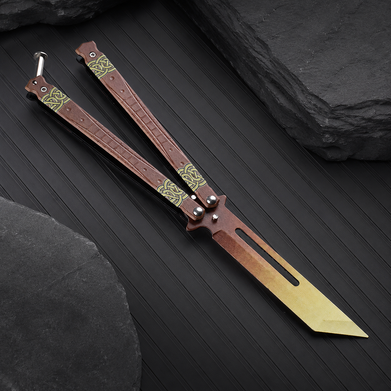 Brown Gold Balisong Style Collectible, Vintage Inspired Butterfly Design, Wood Grain Handle Look, Modern Display Piece