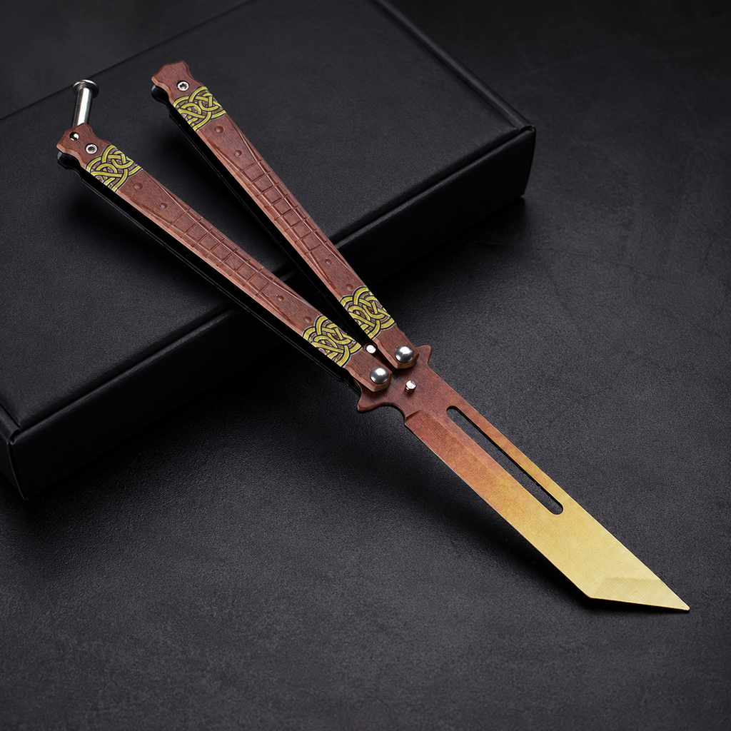 Brown Gold Balisong Style Collectible, Vintage Inspired Butterfly Design, Wood Grain Handle Look, Modern Display Piece