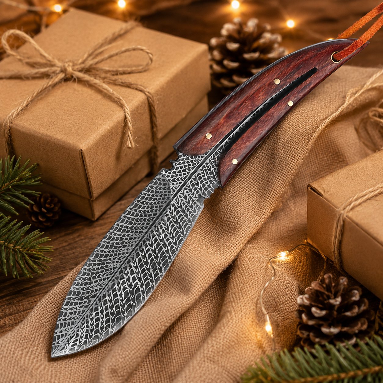 Damascus-Pattern Fixed Blade Knife with Red Wood Handle & Leather Lanyard – Rustic Outdoor Collector Gift