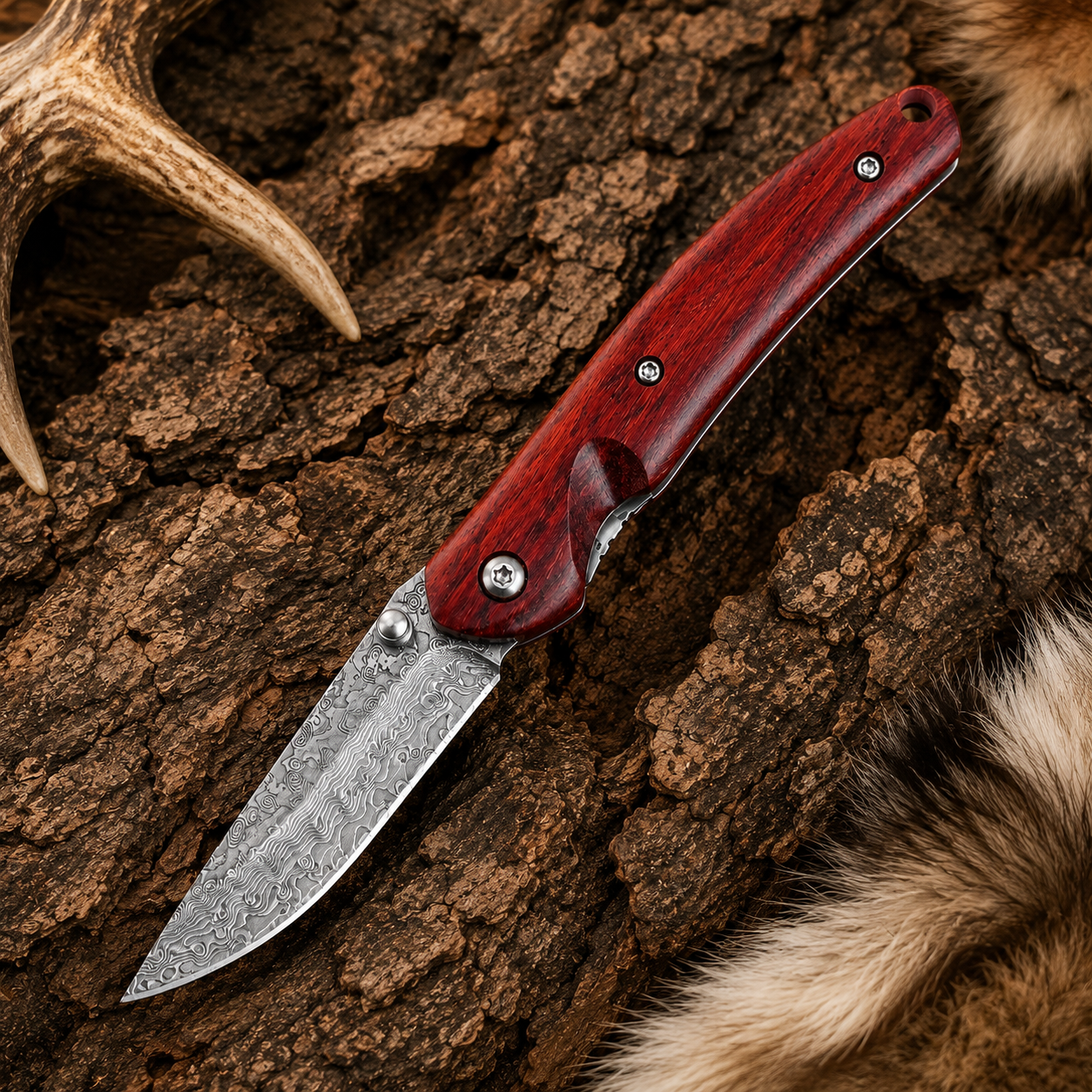 Red Wood Handle Damascus-Pattern Folding Knife – Compact Outdoor Pocket Knife & Collector Gift
