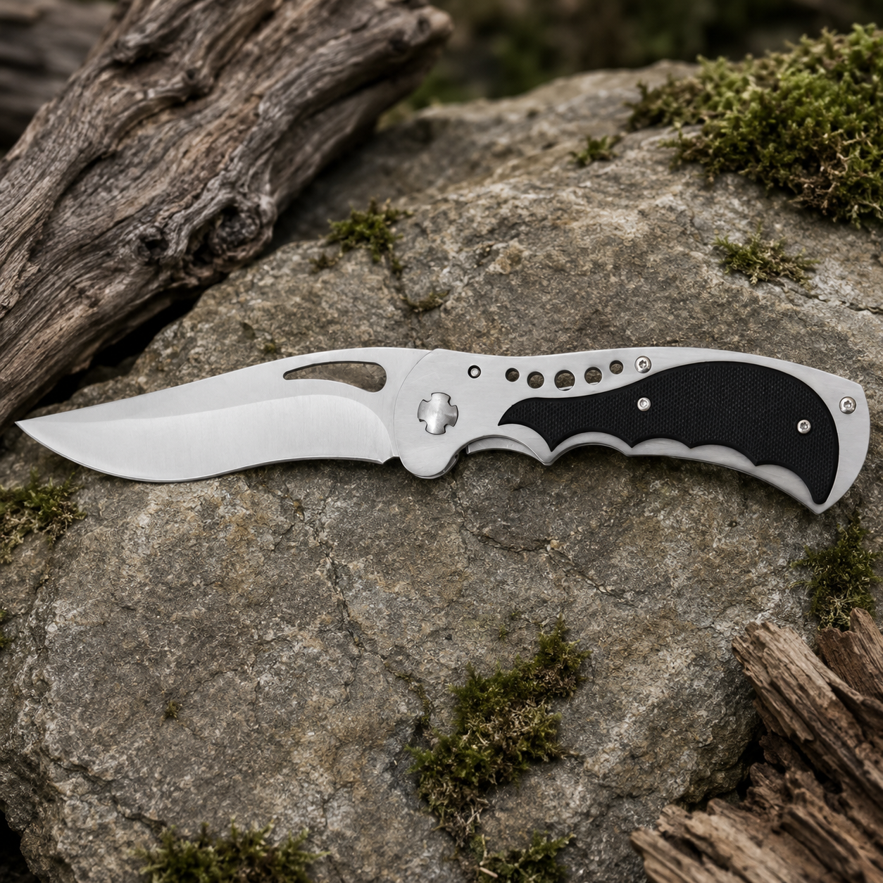 Silver Folding Pocket Knife with Black Textured Handle, Wide Curved Blade and Ergonomic Finger Grooves – Outdoor Collector Gift