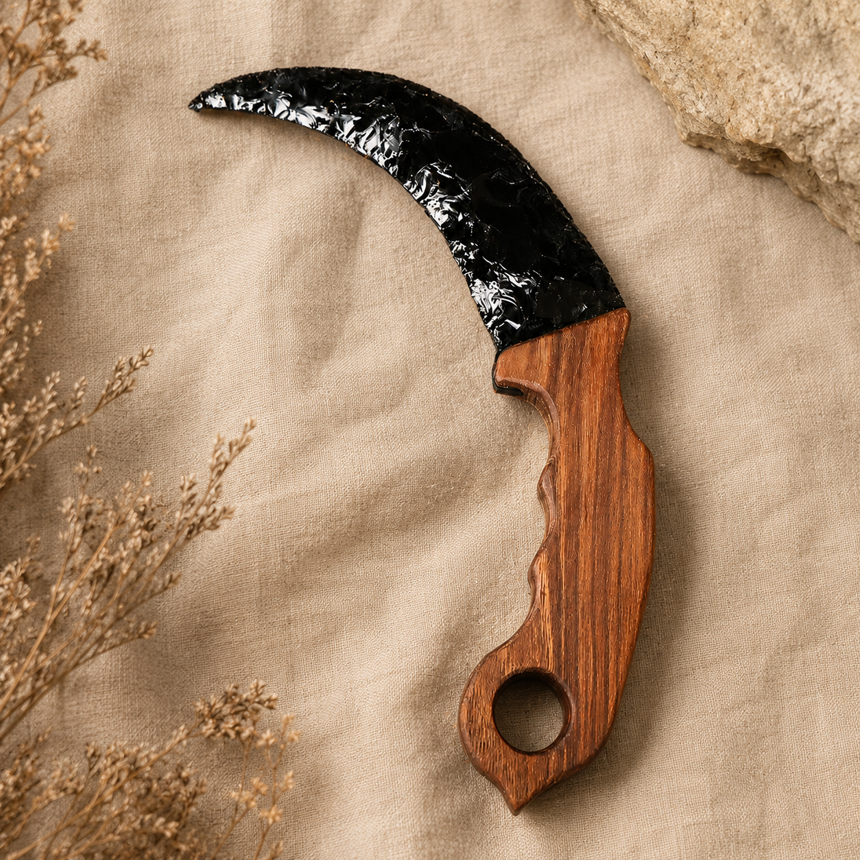 Black Obsidian Crescent Dagger with Wooden Handle, Moon-Shaped Crystal Display Ornament, Gothic Altar Decor and Collector Gift