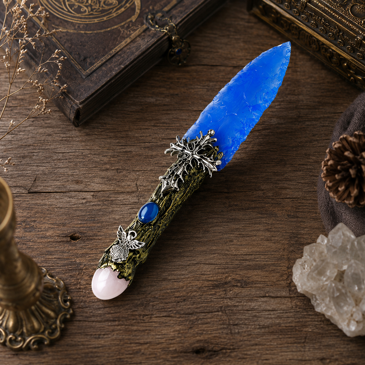 Blue Opalite Fantasy Dagger, Ornate Cross and Angel Handle, Crystal Magic Wand Display, Gothic Altar Decor and Collector Gift