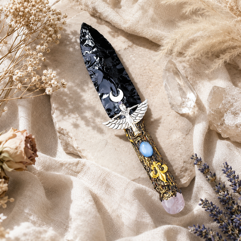 Black Obsidian Celestial Angel Dagger, Ornate Moon Crystal Display Sword, Gothic Altar Decor and Mystical Fantasy Collector Gift