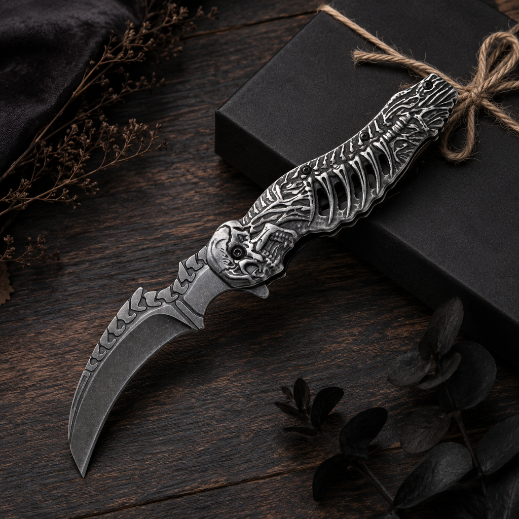 Gothic Skeleton Folding Pocket Knife with Curved Gray Blade – Skull Rib Cage Collector Gift