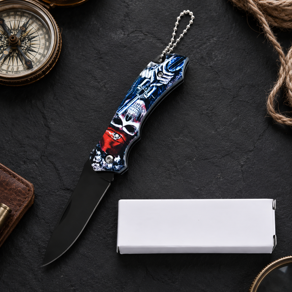 Gothic Skull Graphic Folding Pocket Knife with Black Blade & Keychain – Dark Fantasy Collector Gift