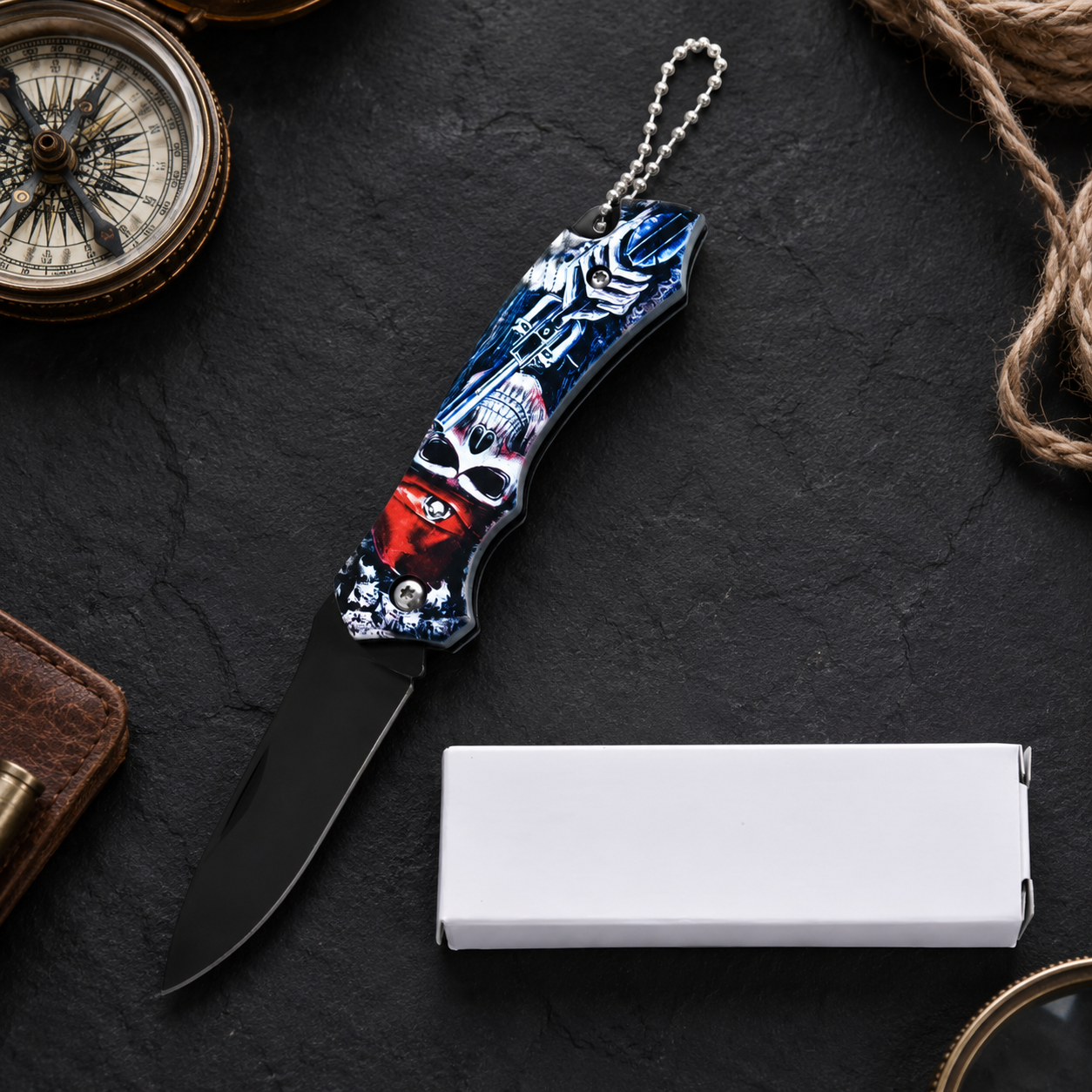 Gothic Skull Graphic Folding Pocket Knife with Black Blade & Keychain – Dark Fantasy Collector Gift
