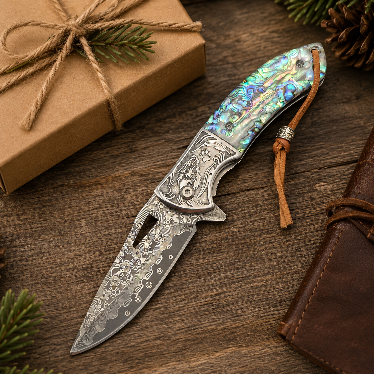 Wolf Engraved Damascus-Pattern Folding Knife with Iridescent Shell Handle & Leather Lanyard