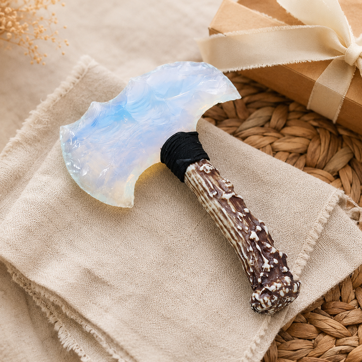 Opalite Double Crescent Axe with Antler-Style Handle, Iridescent Crystal Display Ornament, Rustic Fantasy Decor and Collector Gift