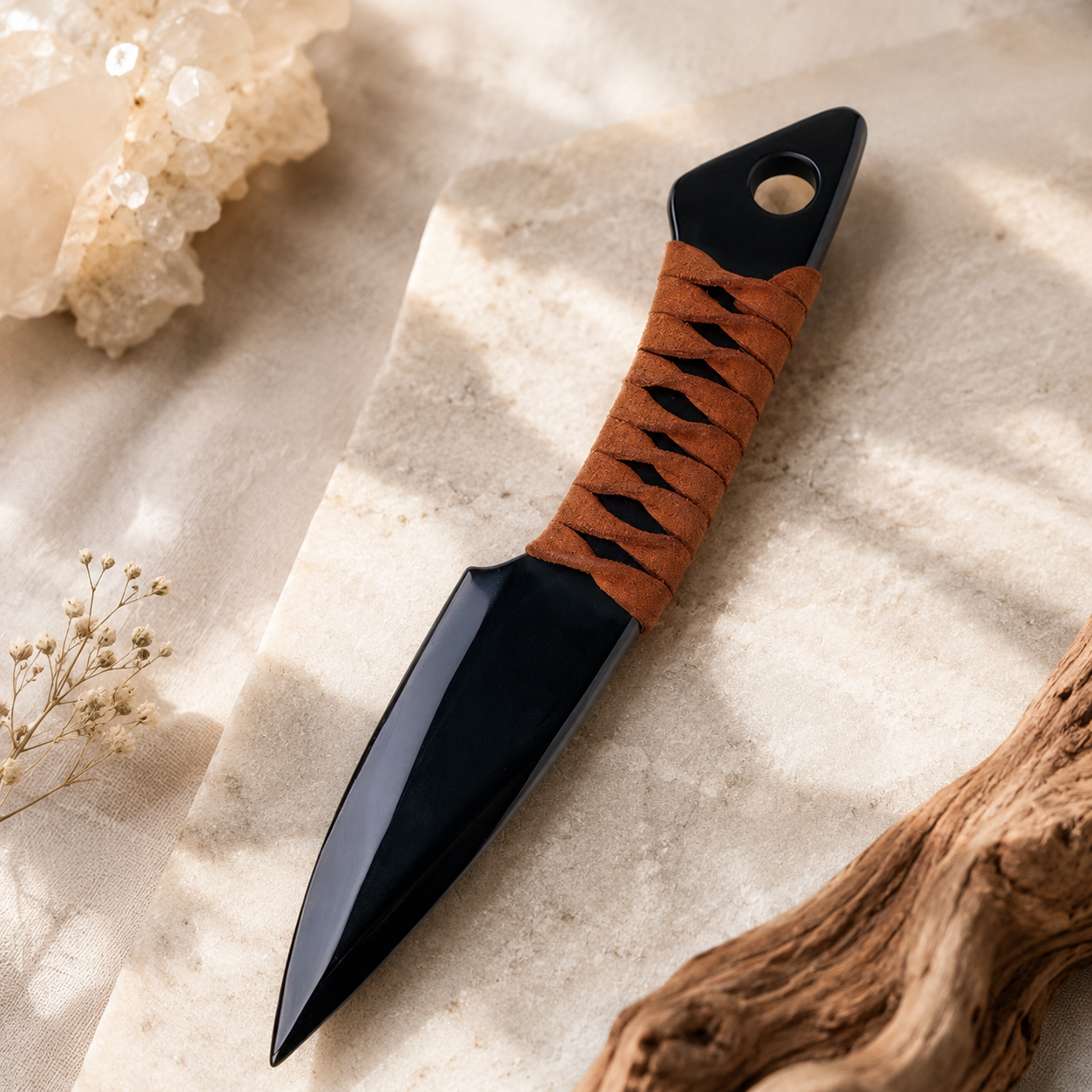 Natural Black Obsidian Dagger Carving, Cord-Wrapped Crystal Display Ornament, Gothic Altar Decor and Unique Collector Gift