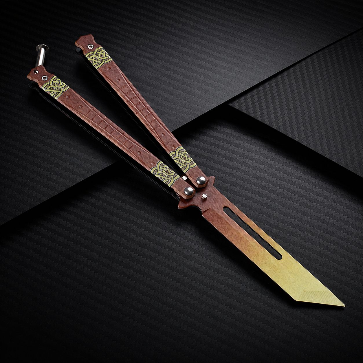Brown Gold Balisong Style Collectible, Vintage Inspired Butterfly Design, Wood Grain Handle Look, Modern Display Piece