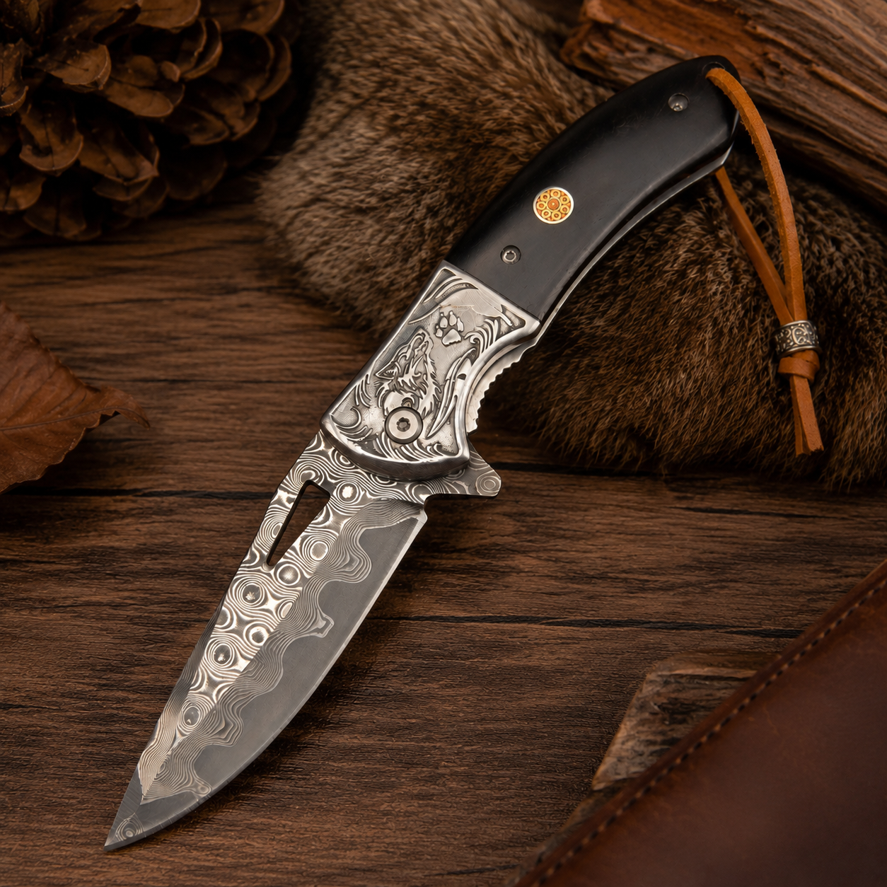 Wolf Engraved Damascus-Pattern Folding Knife with Black Handle & Leather Lanyard – Outdoor Collector Gift