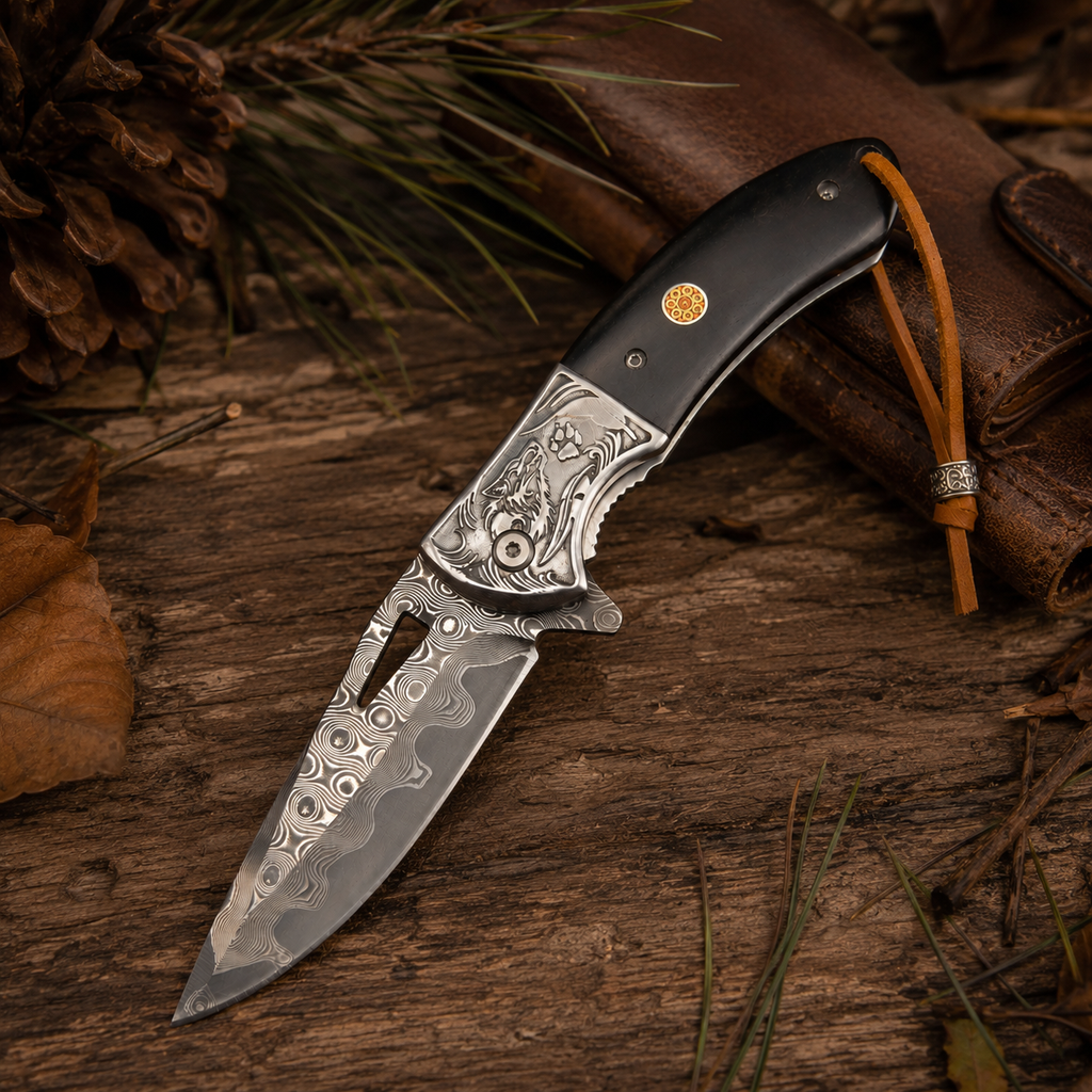 Wolf Engraved Damascus-Pattern Folding Knife with Black Handle & Leather Lanyard – Outdoor Collector Gift