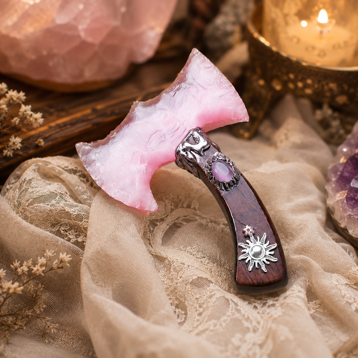 Pink Cat Eye Stone Double Crescent Axe, Sun and Moon Wooden Handle, Fantasy Crystal Display Decor and Mystical Collector Gif