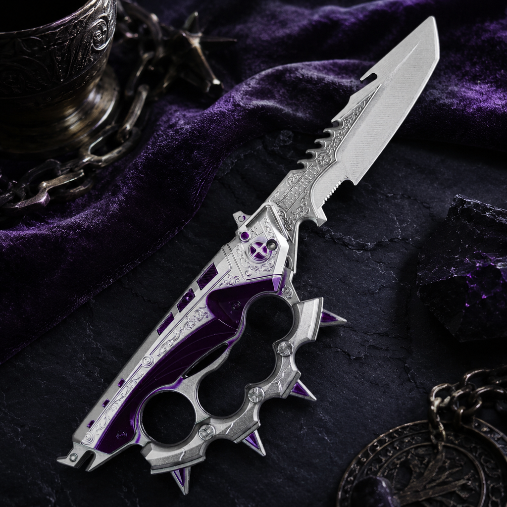 Purple & Silver Fantasy Folding Knife with Ornate Blade and Knuckle-Guard Handle – Gothic Collector Gift